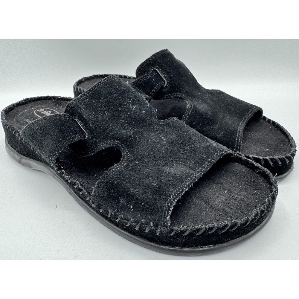 Dr Scholl's Air Pillo Black Suede Boho Chic Slide Sandals Womens Size 6 Comfort